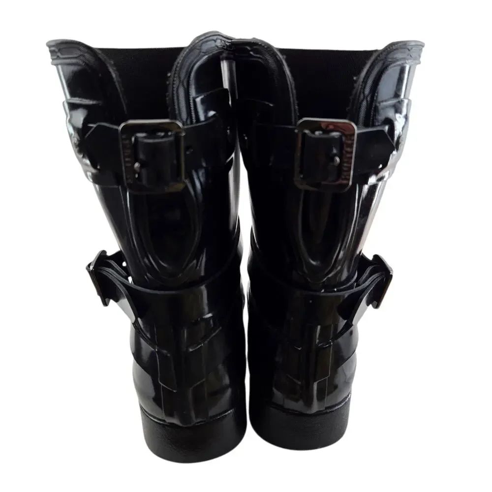 Hunter Rain Boots Women 7 Original Refined Short Gloss Black Mid Calf Adjustable